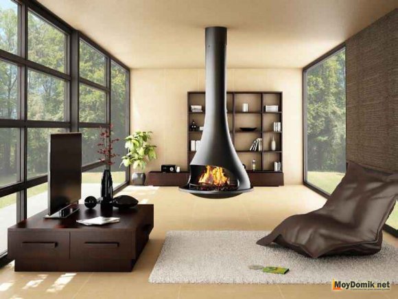 Подвесной камин в интерьере гостиной Подвесной камин в интерьере гостиной