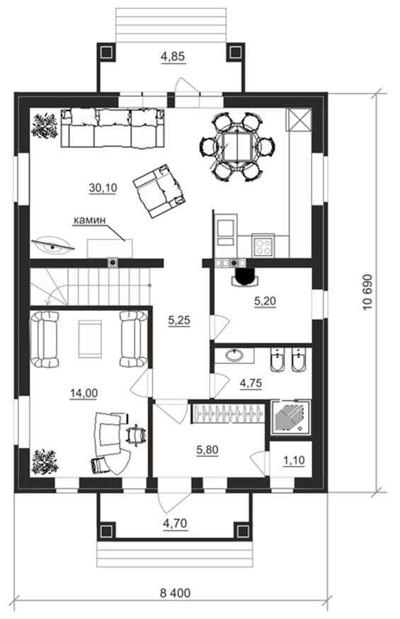 Проект двухэтажного дома с мансардой - первый этаж