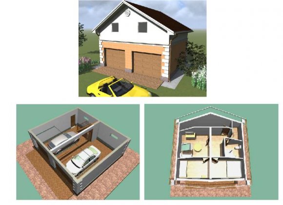 Проект гаража из пеноблоков на две машины с мансардой