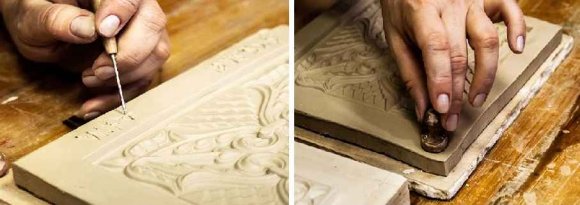 Нанесение штампа, подписи на изразец