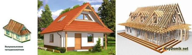 Схема устройства стропильной системы и внешний вид датской вальмовой крыши