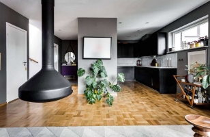 Дизайн интерьер кухни в доме с камином