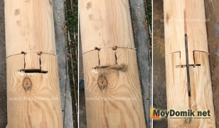 Сращивание бревен по длине - шип-паз на скобах