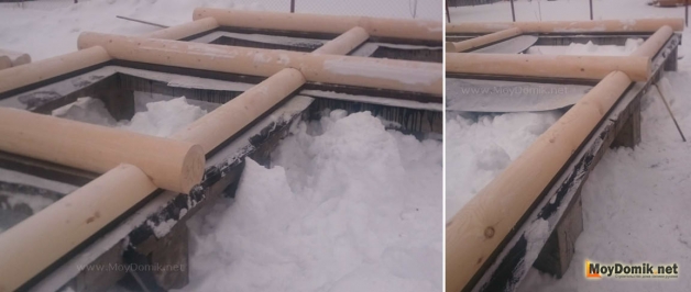 Первый (окладной) венец из оцилиндрованного бревна