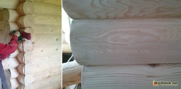 Шлифовка оцилиндрованного бревна шлифмашинкой